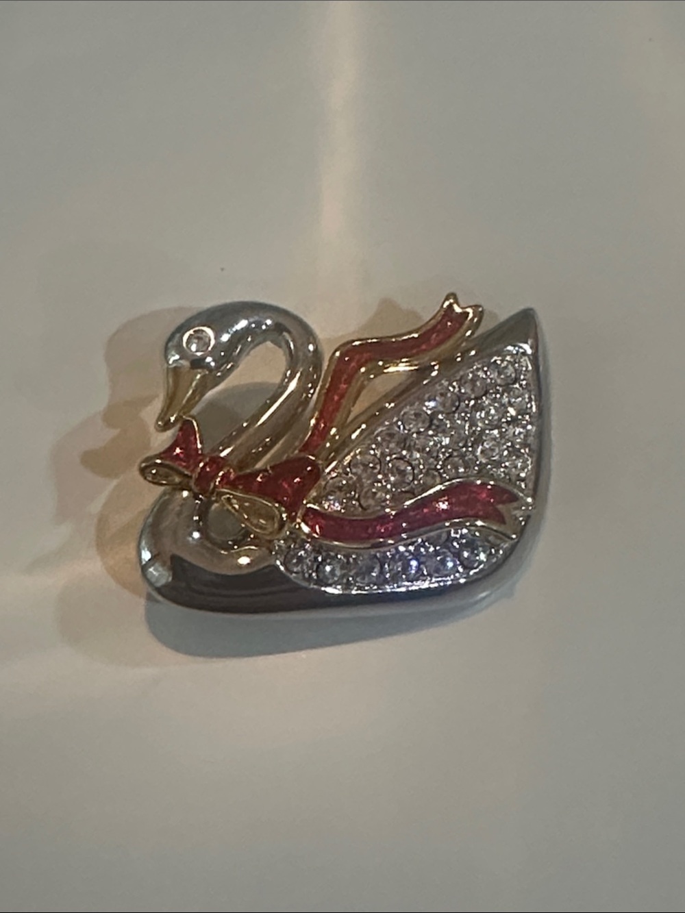 Swarovski Crystal Swan Brooch – Red Enamel Bow